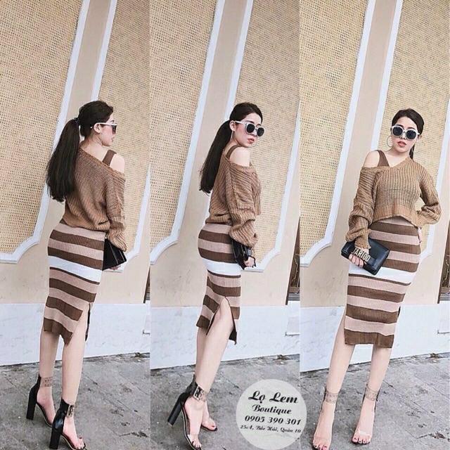 set váy len kẻ kèm áo lệch vai
