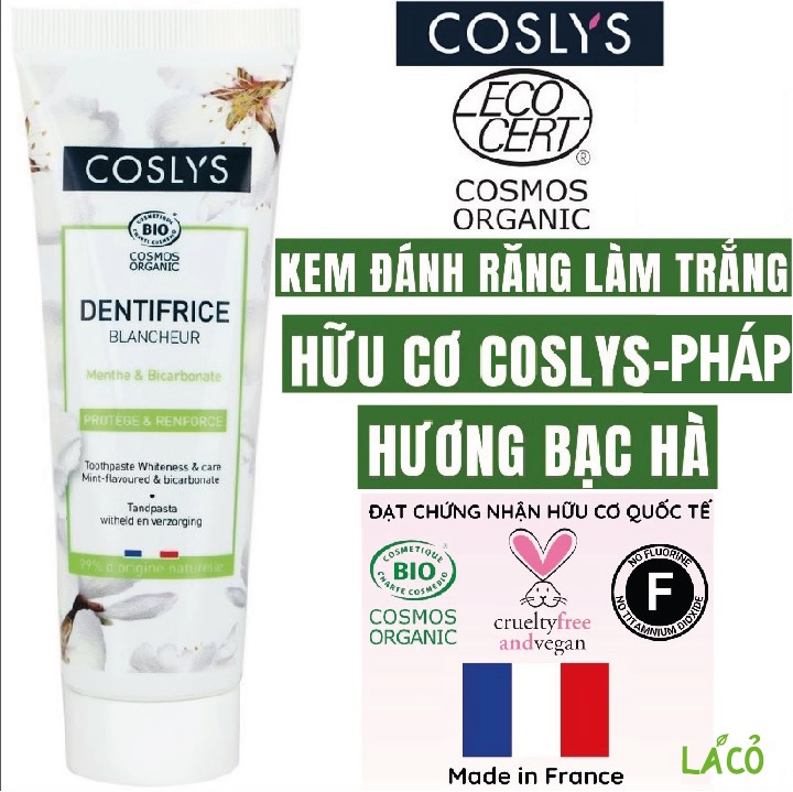 Kem đánh răng hữu cơ kem đánh trắng răng COSLYS PHÁP COSMOS ORGANIC không chứa flo kem đánh trắng răng bạc hà thuần chay 100g