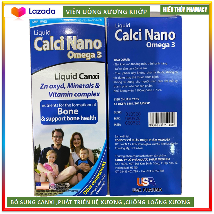 Hộp 100 viên] Viên uống Liquid Calcium Nano OMEGA3  Giúp bổ sung Canxi, Magie oxit , D3 và khoáng chất cần thiết cho cơ thể hỗ trợ phát triển chiều cao ở trẻ, ngừa loãng xương ở người già