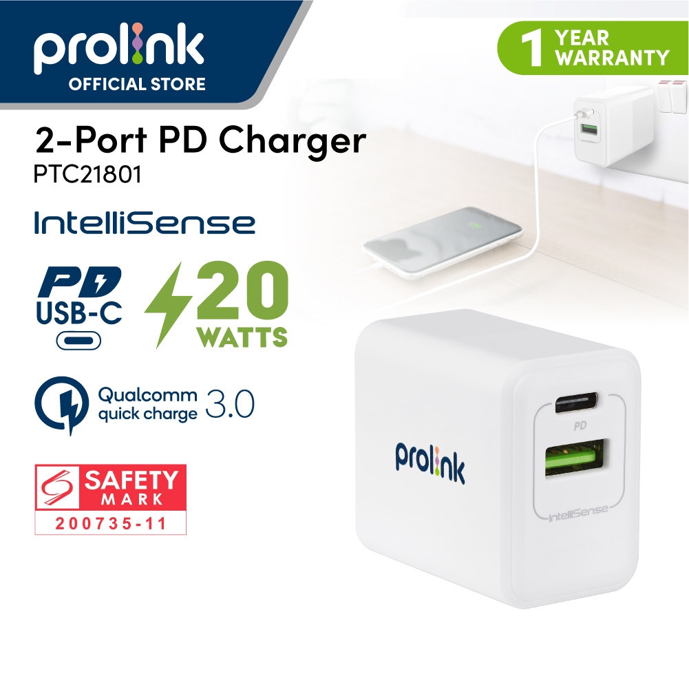 Củ sạc nhanh 20W PROLiNK PTC21801 có 2 cổng USB-A & USB-C dành cho iPhone, iPad, Samsung, Xiaomi