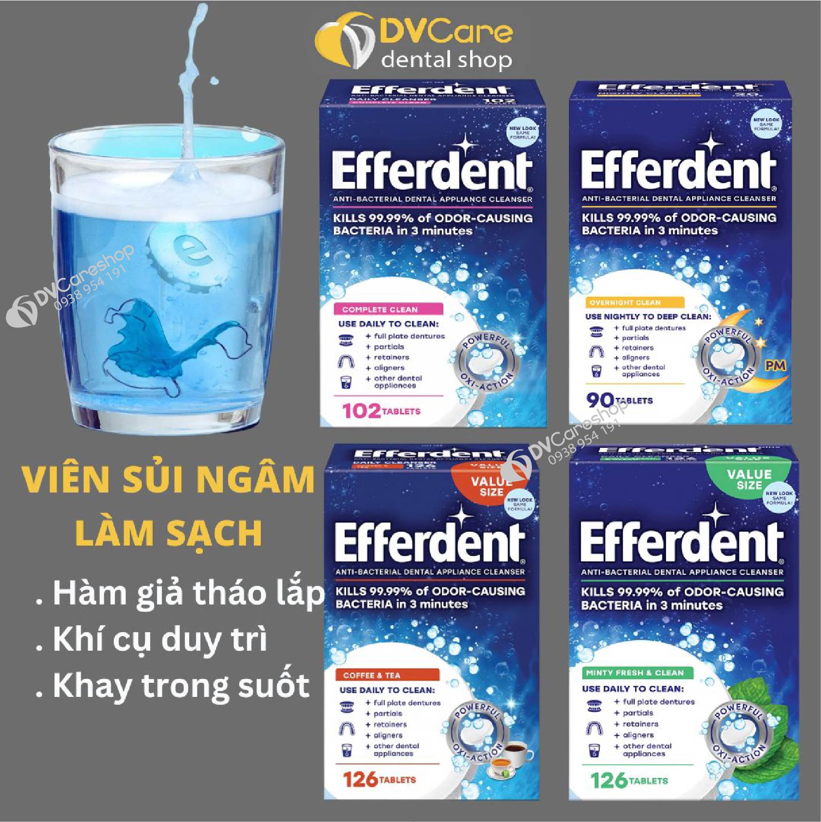 Viên sủi ngâm hàm giả Efferdent, vệ sinh hàm giả tháo lắp, khay chỉnh nha, khí cụ duy trì