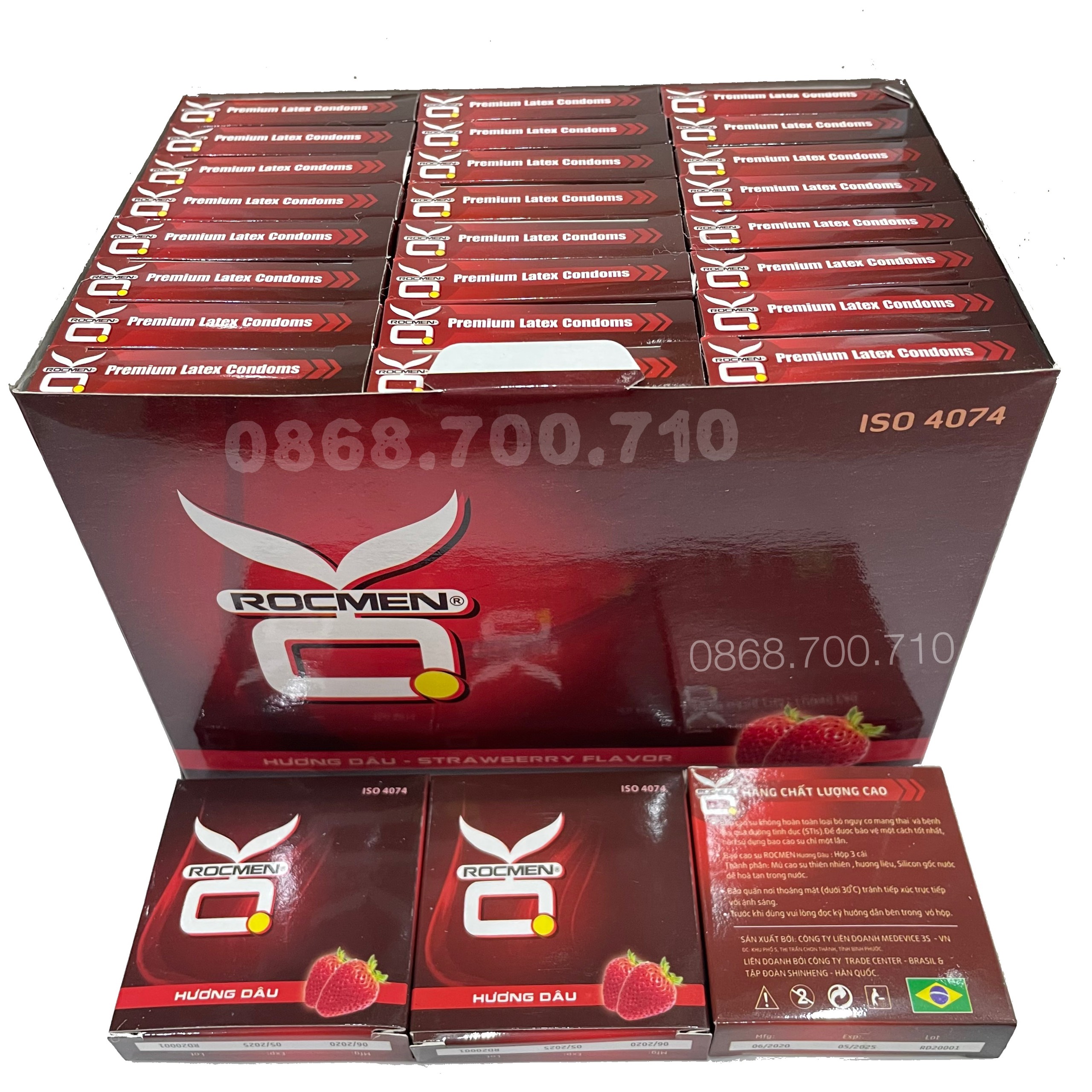 Bộ 1 hộp lớn Bao cao su Rocmen hương Dâu 144 cái