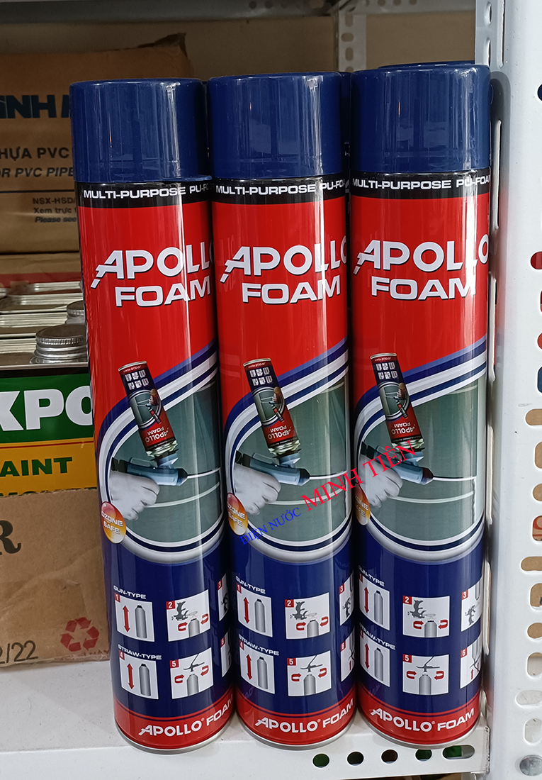 Keo bọt nở, Keo trám bọt nở Apollo Foam chống thấm, trám kín khe hở, lỗ hổng 750ml dạng bọt tổng hợp có vòi kèm