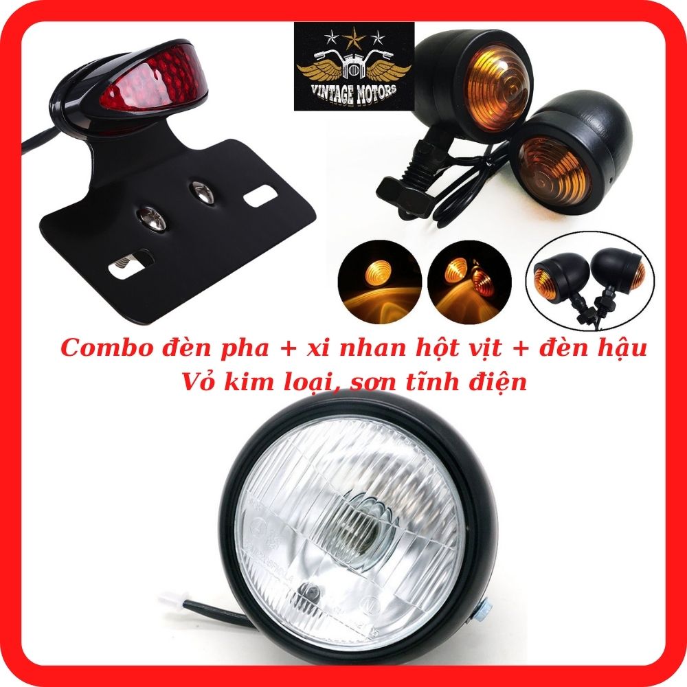 Combo đèn pha xe máy kèm 2 đèn xi nhan và đèn hậu ⭐đèn pha h4 kèm xi nhan hột vịt và hậu tổ ong viền⭐đèn pha xe máy + xi nhan classic hột gà + hậu dẹt classic thép sơn tĩnh điện và xi inox
