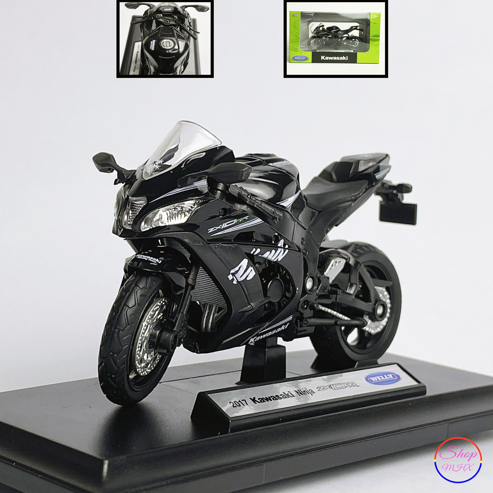Xe mô hình mô tô Kawasaki Ninja ZX10R TẶNG KÈM BIỂN SỐ tỉ lệ 1:18 hãng Welly