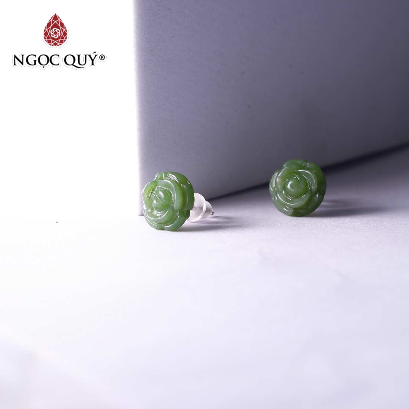 [HCM]Bông tai bạc hoa hồng đá ngọc bích nephrite mệnh hỏa mộc - Ngọc Quý Gemstones