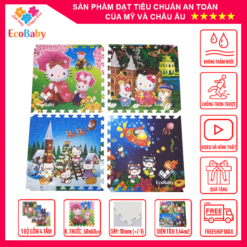 Bộ 4 tấm Thảm xốp cho bé, thảm chơi lót trải sàn chống trơn trượt va đập kèm quà tặng – hình mèo kitty - 60x60cm - EcoBaby