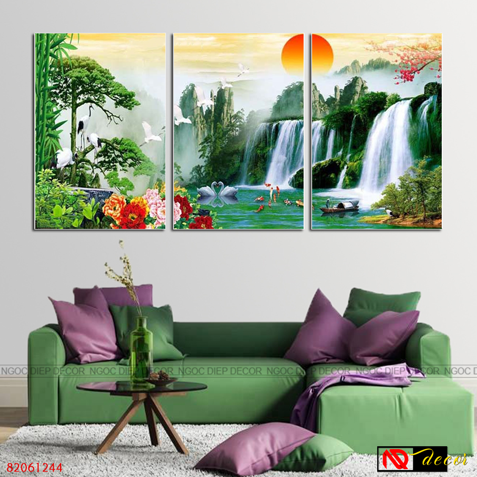Tranh treo tường 3D Thác nước sơn thủy ST81244, tấm tranh đặc dày 1cm in sắc nét bo viền cao cấp, kèm đinh treo 3 chân