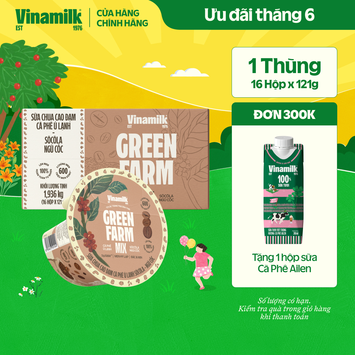 [CHỈ GIAO TRONG BÁN KÍNH 10KM] Thùng 16 Hộp Sữa Chua Ăn Cao Đạm Cà Phê Ủ Lạnh Socola Ngũ Cốc Vinamilk Greenfarm - Hộp Flip Cup 123g