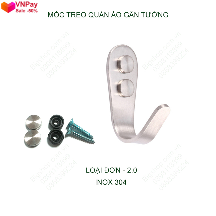 [Sẵn hàng] Móc treo quần áo inox 304-2.0 có nút bịt đầu vít, loại đơn-đôi tùy chọn -VNPay Hà Nội