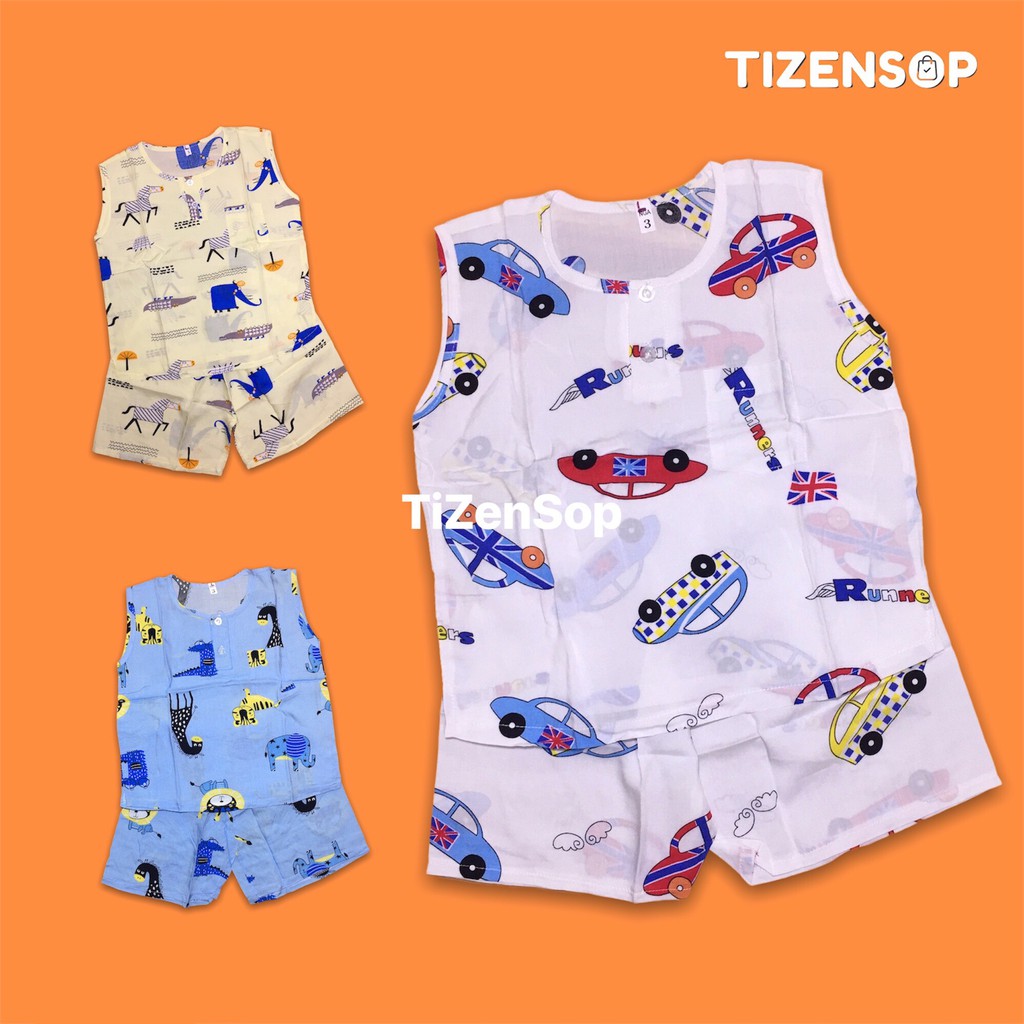 Đồ bộ bé trai vải tole lanh mặc mát kiểu dáng quần đùi áo sát nách