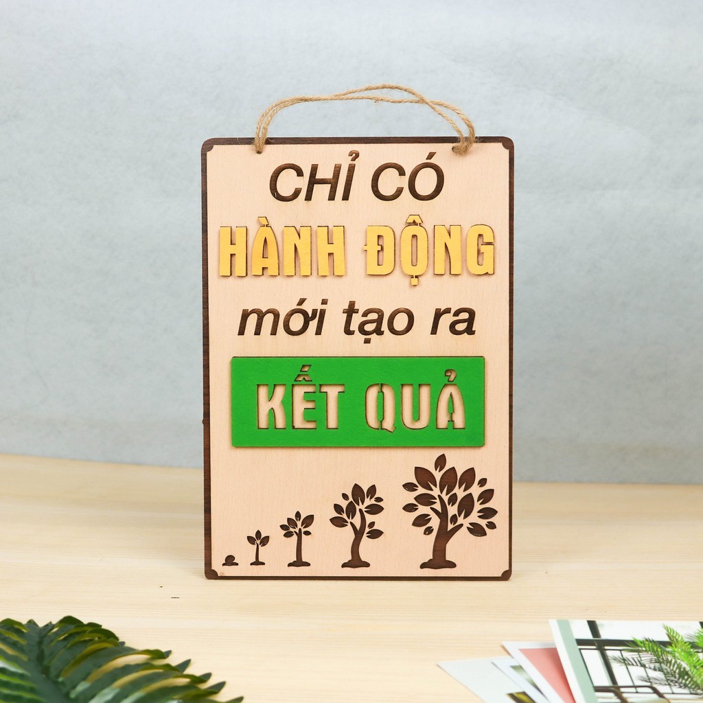 Decor home Bảng gỗ trang trí slogan, bảng gỗ tạo động lực in chữ "Hành động - Kết quả" mẫu mới độc đáo