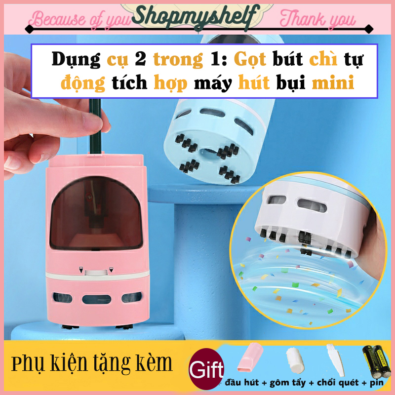 Đồ chuốt bút chì tự động tích hợp máy hút bụi mini (công nghệ 2 trong 1) + tặng kèm pin- Máy gọt bút chì điện