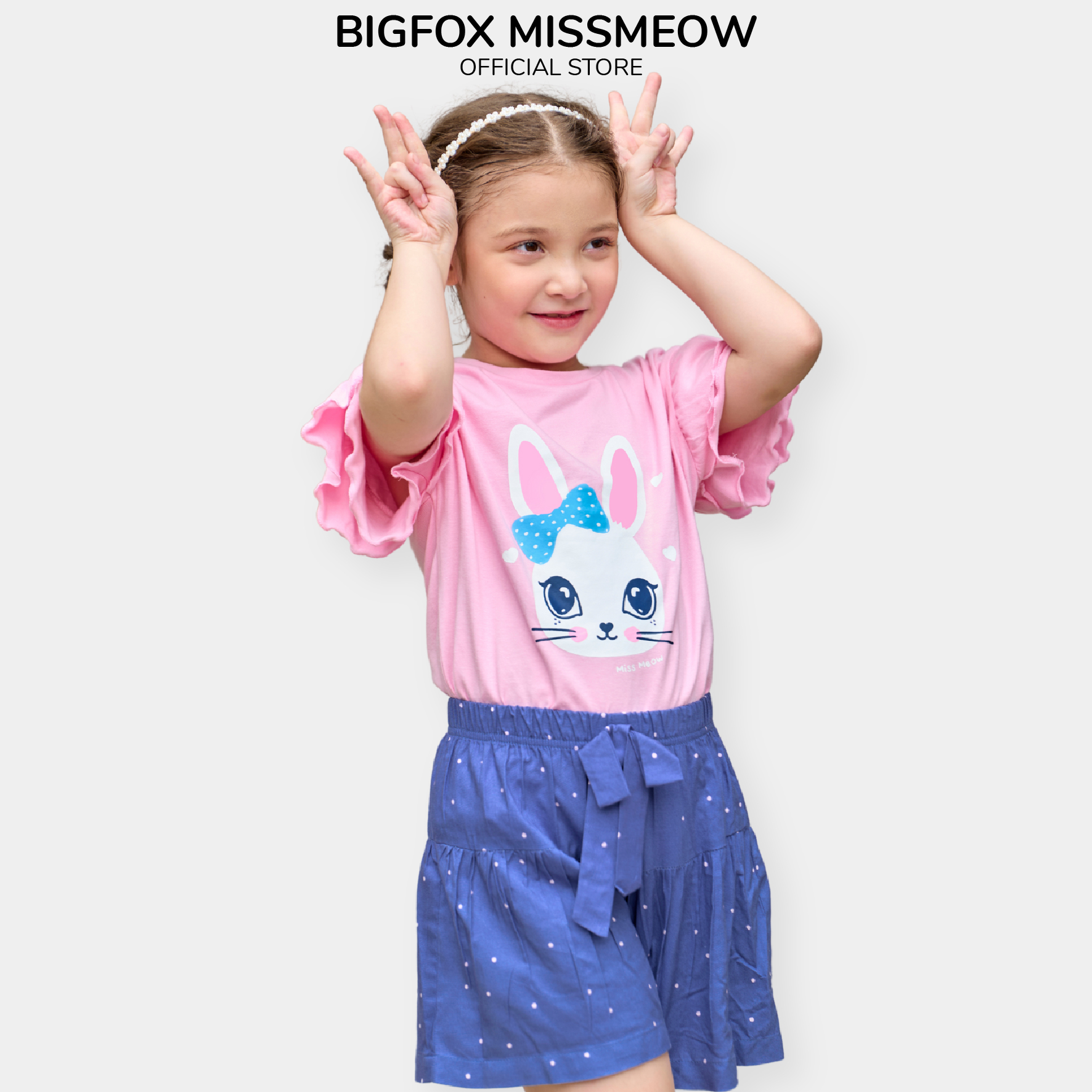 Đồ bộ cộc tay bé gái Bigfox Miss Meow size đại mùa hè vải cotton mềm mại in thỏ dễ thương cỡ 3-11 tuổi 30kg 40kg