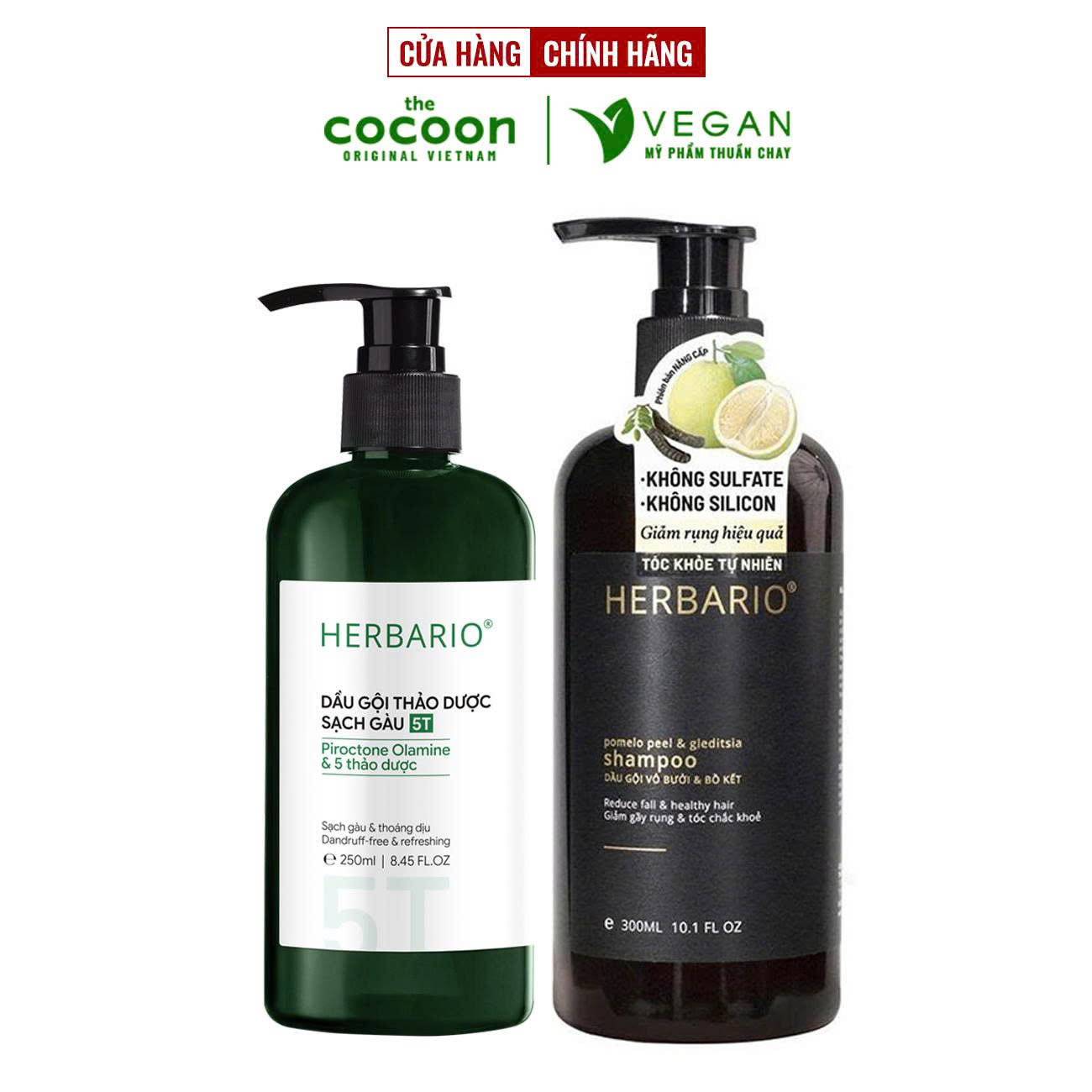 Combo Dầu gội thảo dược sạch gàu 5T Herbario 250ml + Dầu gội vỏ bưởi bồ kết Herbario 300ml giảm rụng tóc
