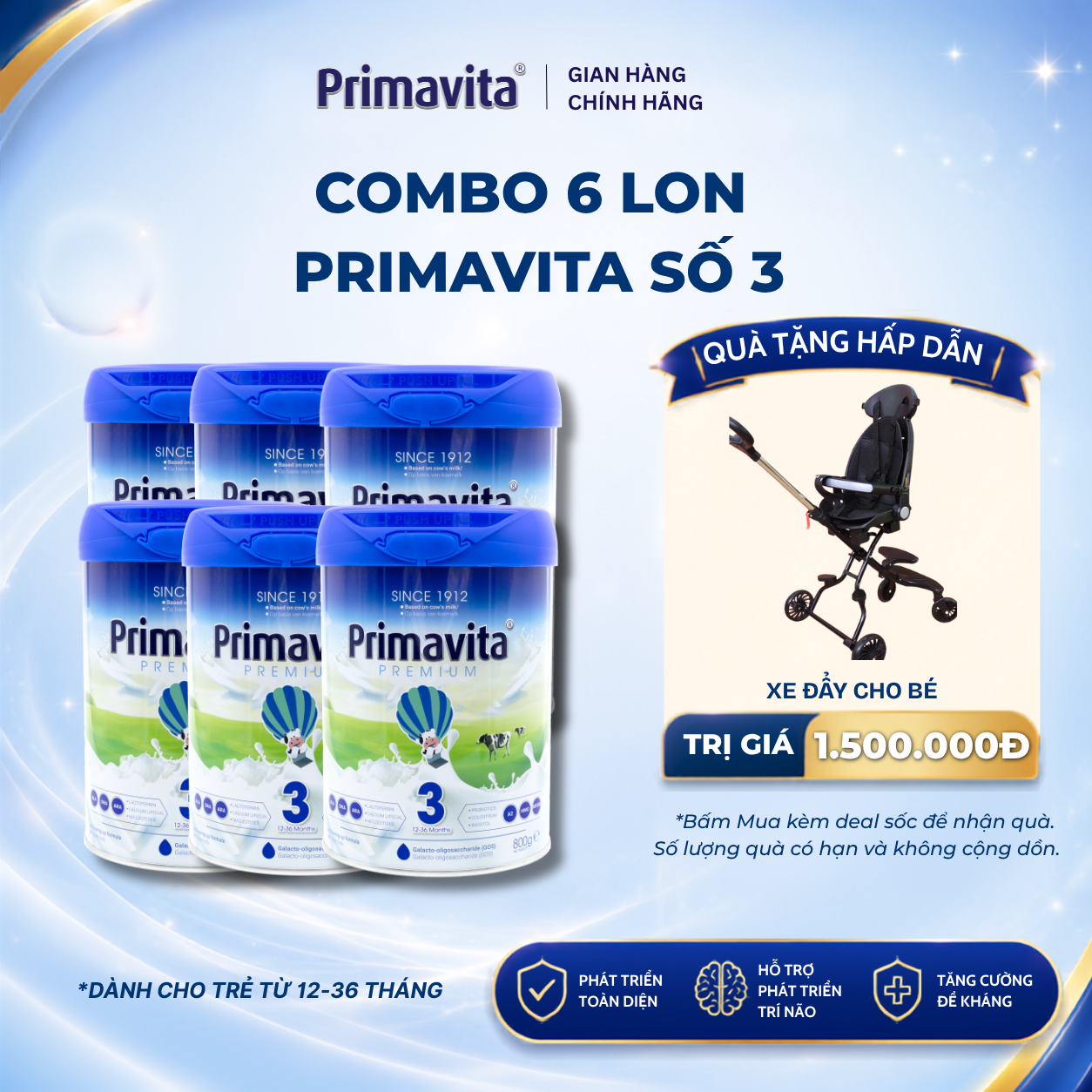 Thùng 6 Lon Sữa bột Primavita Premium số 3 phát triển toàn diện, tăng cường miễn dịch tự nhiên cho bé (12-36 tháng tuổi)