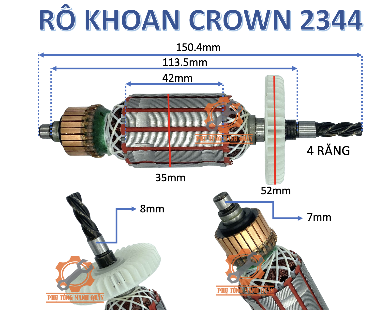 rotor/ruột máy khoan Sencan, 2344 hoặc Crown CT10065, 10065 tặng kèm chối than