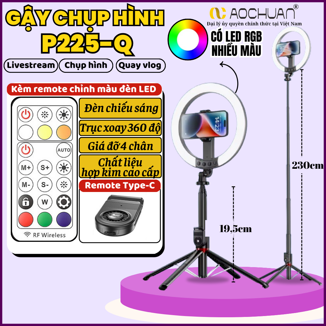 Gậy Tripod 4 Chân P225Q - Cây Livestream Đa Năng P220Q Tích Hợp Đèn Led 10 Inch-Hỗ Trợ Ánh Sáng Giúp