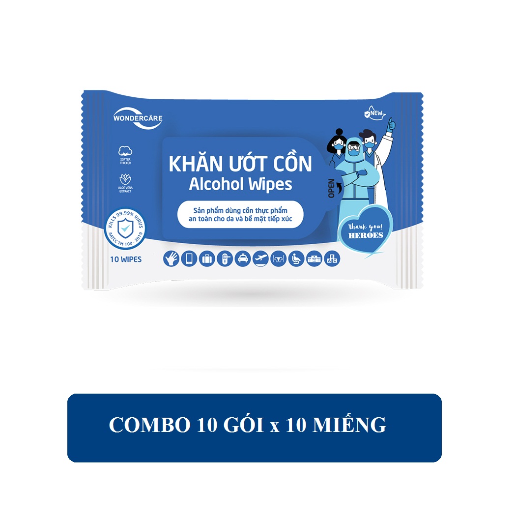 Combo 10 gói khăn ướt cồn wondercare 10 tờ/ gói - kháng khuẩn 99,9%