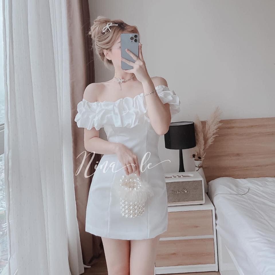 Đầm body kiểu trễ vai bèo nhún sang chảnh Váy nữ màu trắng tôn dáng thích hợp đi dự tiệc, đi chơi