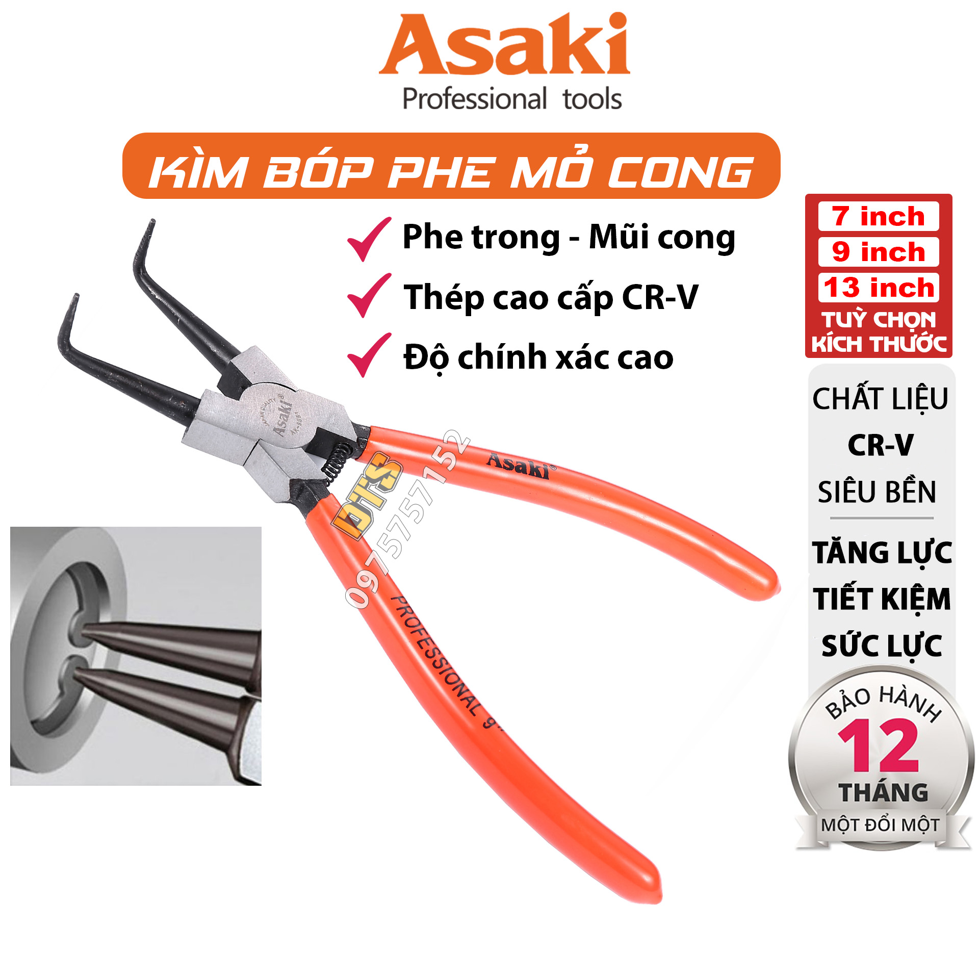 Kìm bóp phe mỏ cong hãng Asaki đủ kích thước 7 9 13 AK-8349 AK-8351 AK-8352
