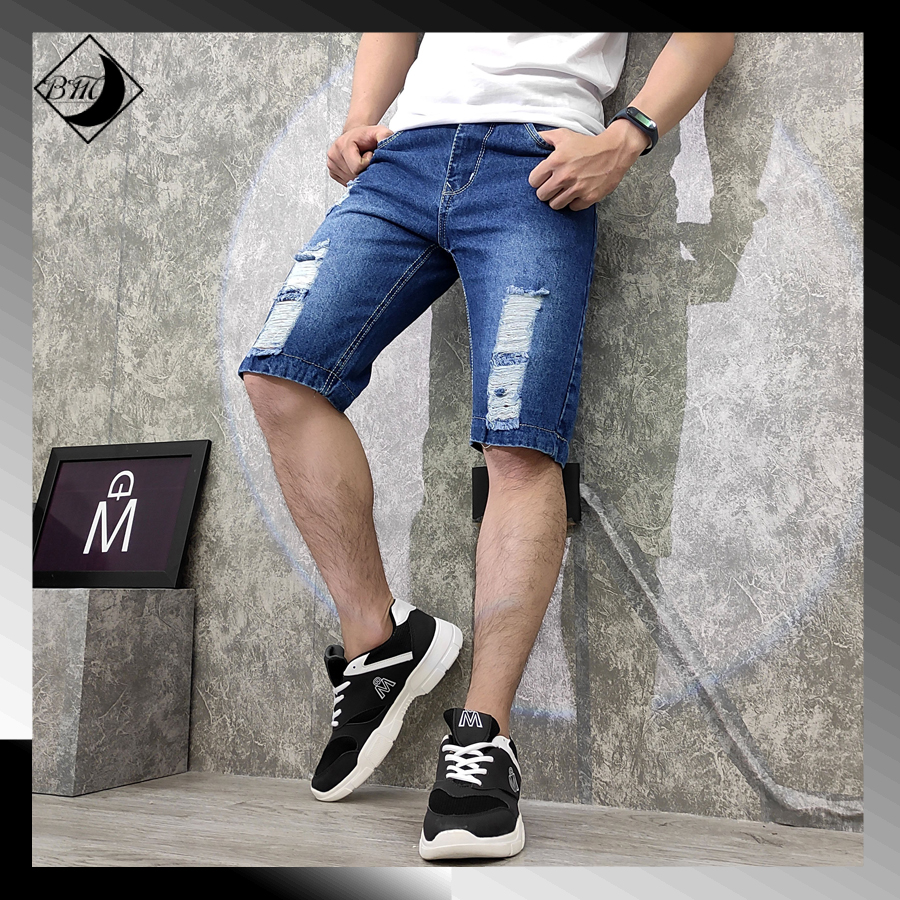 [HCM]Quần short jeans nam màu xanh đậm cào rách BM418