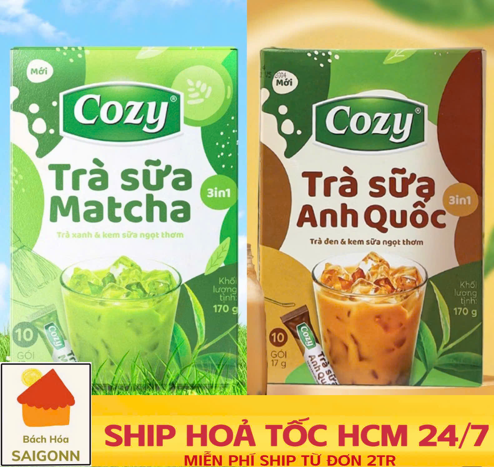 Trà Sữa Matcha & Trà Sữa Anh Quốc Cozy Hòa Tan 3IN1 (170gr - 10 gói) Hương Vị Ngọt Thơm, Không Lo Tăng Cân - Date mới