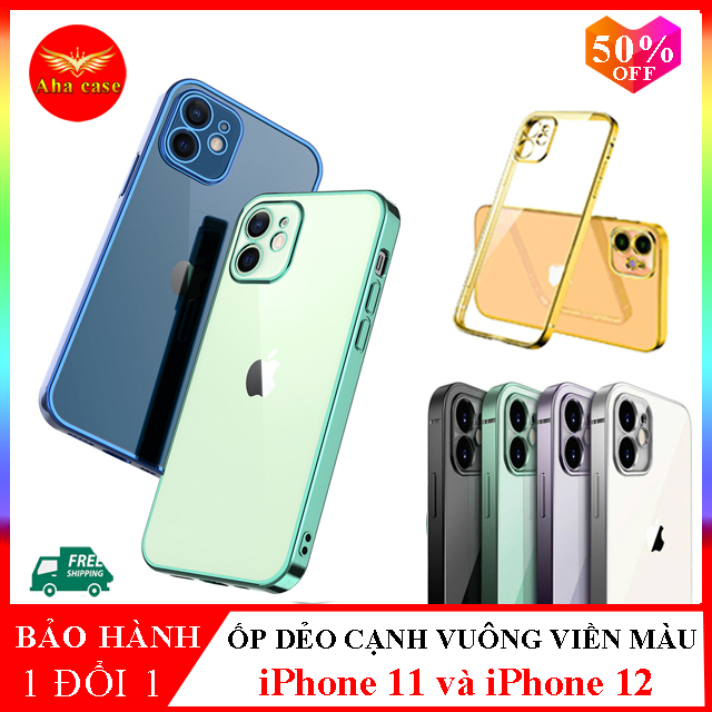 Ốp iphone 11 - Ốp lưng iphone 12 - Ốp lưng trong viền màu kiểu dáng iphone 12 sang trọng, Ốp lưng viền vuông giả iphone 12 cho ip 11