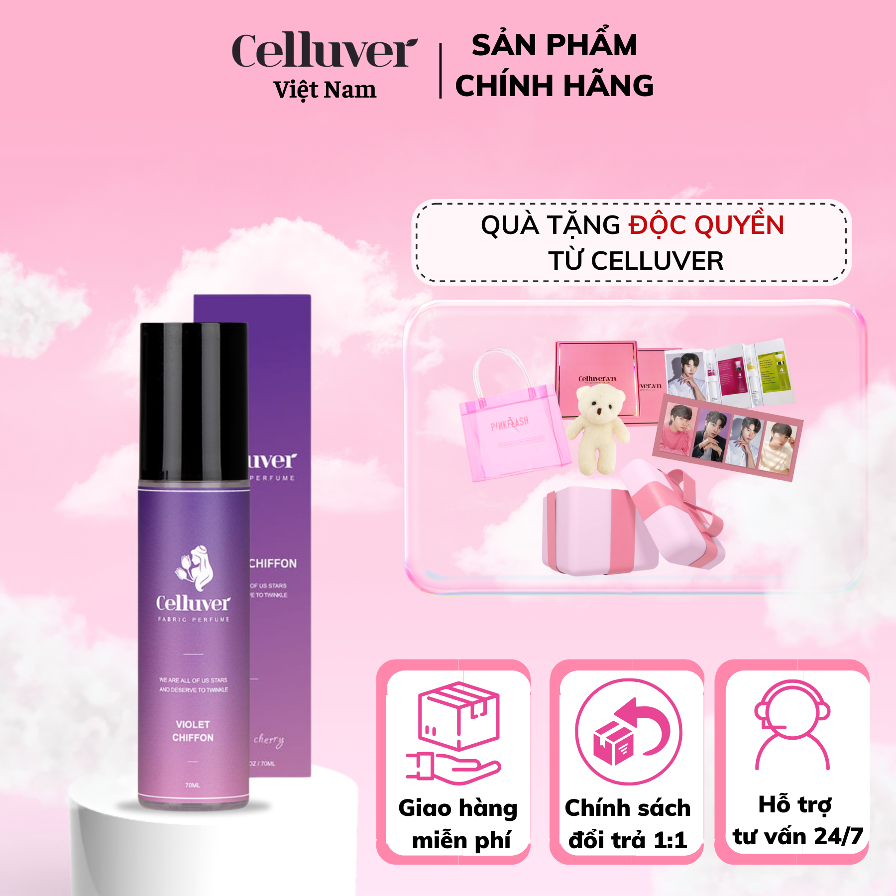 Nước Hoa Khử Mùi Quần Áo Hương Cherry Tươi Mát Lưu Hương 8 Tiếng Celluver Violet Chiffon 70ml