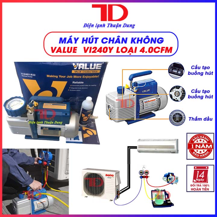 Máy hút chân không VALUE VI240Y 4.0 CFM kèm đồng hồ báo áp và rờ le tự ngắt - Điện Lạnh Thuận Dung