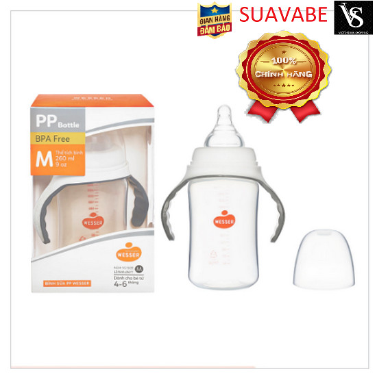 Bình sữa Wesser Nano Silver cổ rộng có quai 260ml