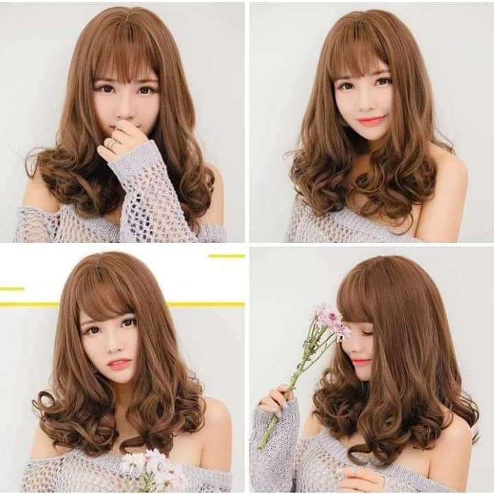 tóc giả nữ nguyên đầu xoăn ngang vai, tóc giả bộ cả đầu, tóc mái thưa hàn quốc, tóc giả ngắn