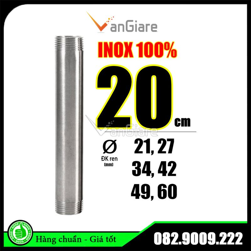 Ống nối 2 đầu ren ngoài inox 2 tấc phi 21, 27, 34, 42, 49, 60