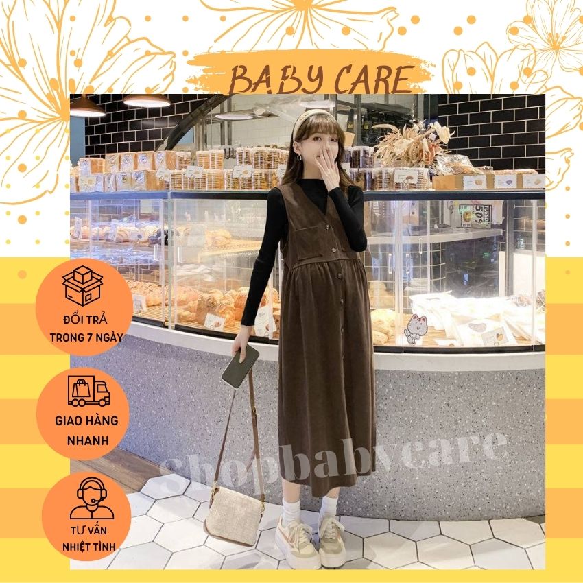 Đầm bầu yếm nhung tăm kèm áo thun tay dài xinh xắn- váy bầu thu đông chất đẹp kiểu dáng siêu sang