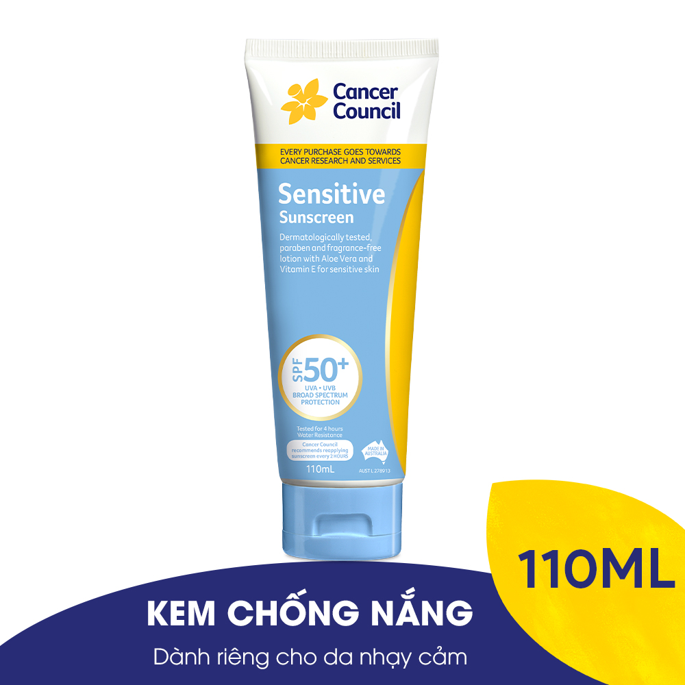 Kem chống nắng Cancer Council - Sensitive SPF 50+/PA++++ 110ml (Dòng da nhạy cảm)