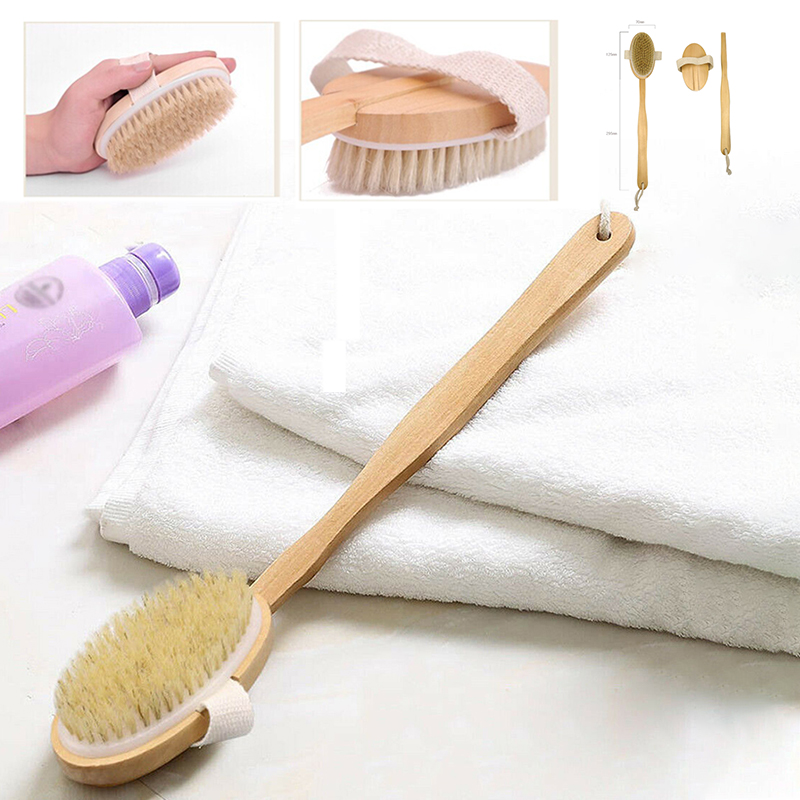 (Loại Xịn) Bàn Chải Khô Chà Lưng Cơ Thể Tẩy Da Chết Lông Mềm Tự Nhiên 2 Trong 1 Có Thể Tháo Rời, Bàn Chải Khô Chà Tẩy Tế Bào Chết Lưng Cán Gỗ Dài Làm Mềm Da Bàn Chải Tắm Massager