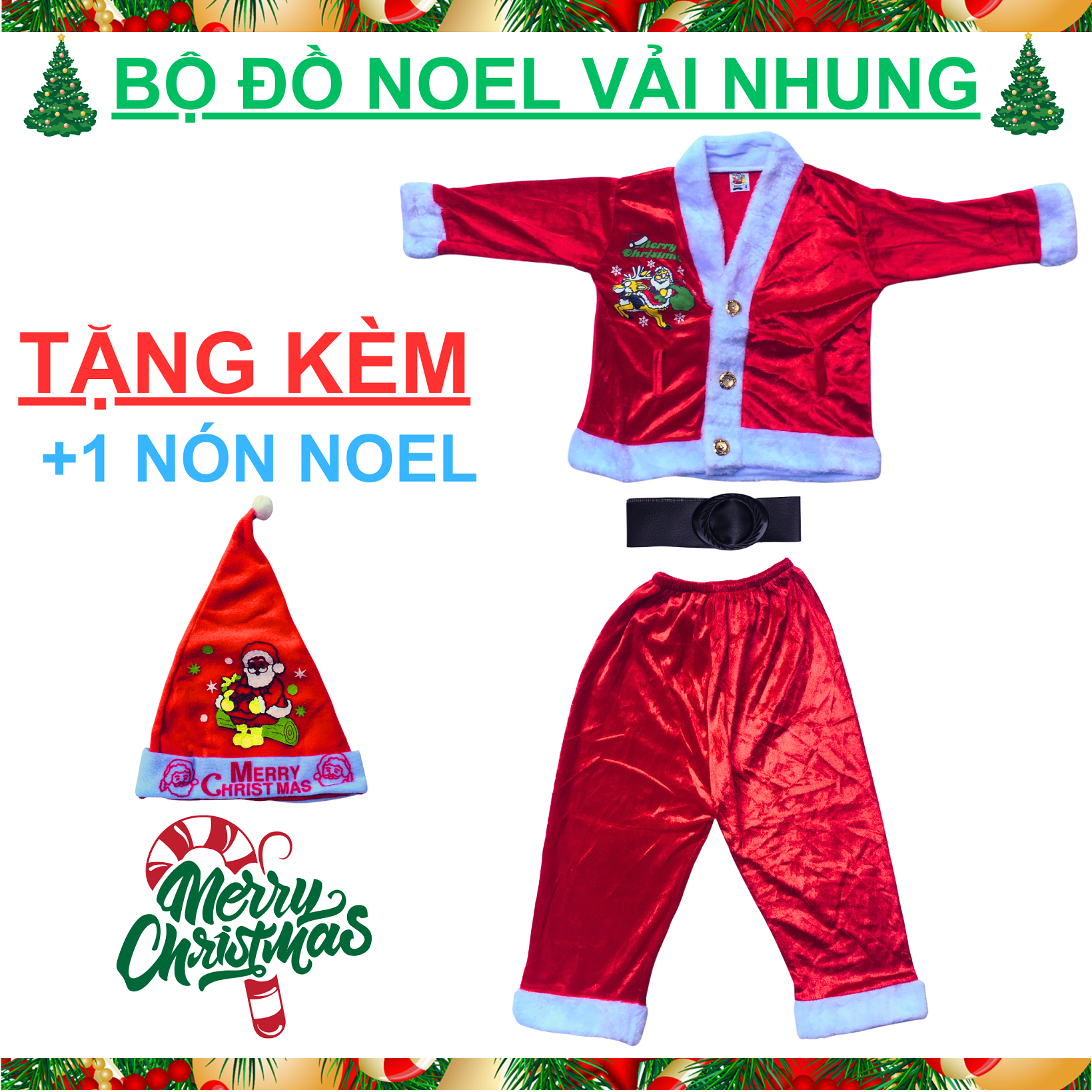 Đồ ông già noel vải NHUNG cho bé trai, bé gái, TẶNG kèm nón nỉ xinh xắn, bộ đồ ông già noel bé trai 
