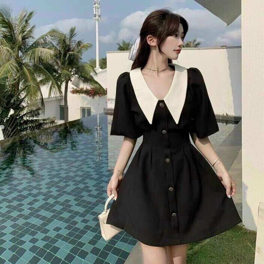 [freeship]đầm nữ dự tiệc cưới cổ V ngắn tay chất liệu lụa kate trơn dáng xòe thời trang thanh lịch - đầm nữ đi chơi du lịch - GIRLY STORE