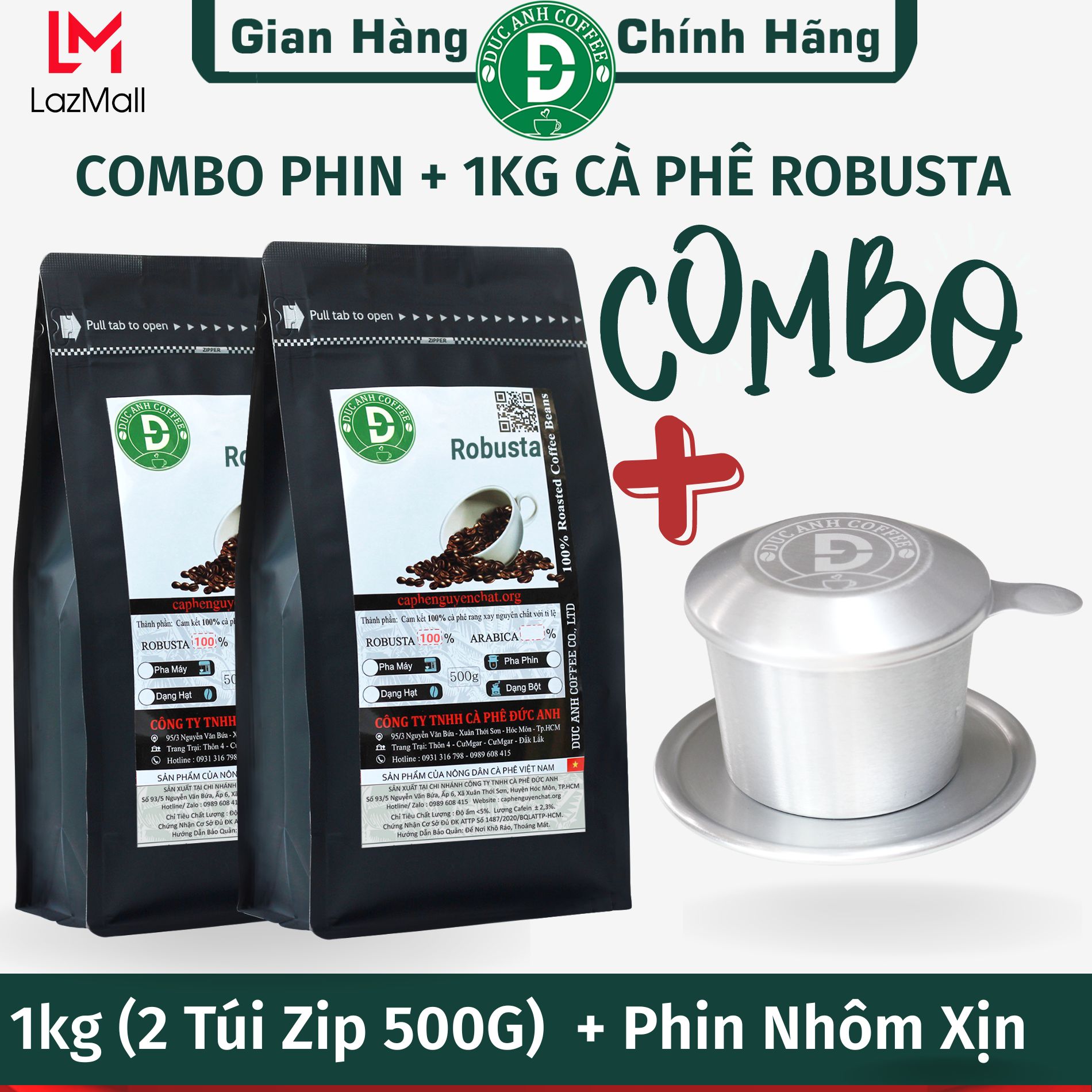 Combo Phin Nhôm + 1kg Cà Phê Rang Mộc 100% Robusta dùng pha Phin - đậm