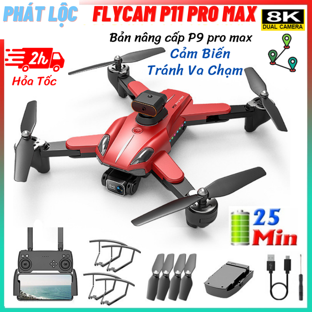 (Mẫu Mới 2023 - BH 24 THÁNG) Flycam Điều Khiển Từ Xa Drone P11 Pro Max - Máy Bay Camera Flycam 8K Tránh Va Chạm - Máy Bay Không Người Lái Điều Khiển Từ Xa 4 Cánh Quay Phim - Chụp Ảnh Chống Rung - Kết Nối WIFI 5G