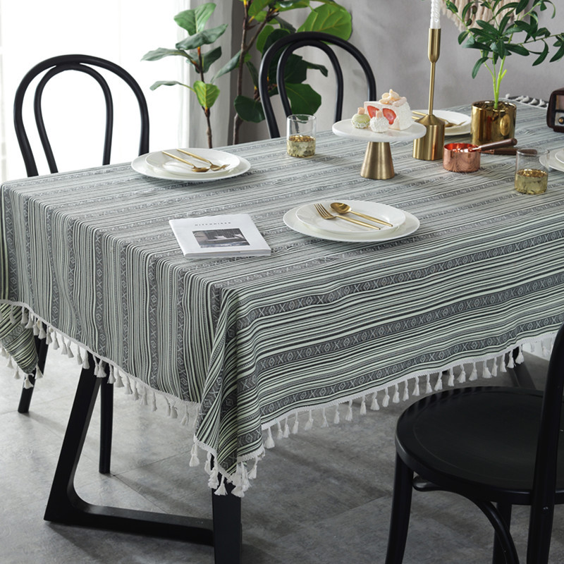 Khăn trải bàn canvas dệt sợi dày viền tua rua sợi