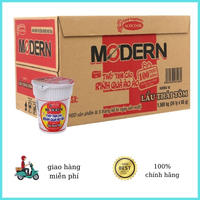 [HCM] Mì Modern 3 Loại hương vị lẩu thái tôm, mì thịt xào, mì bò hầm thùng 24 ly X65g MMĐ3L01