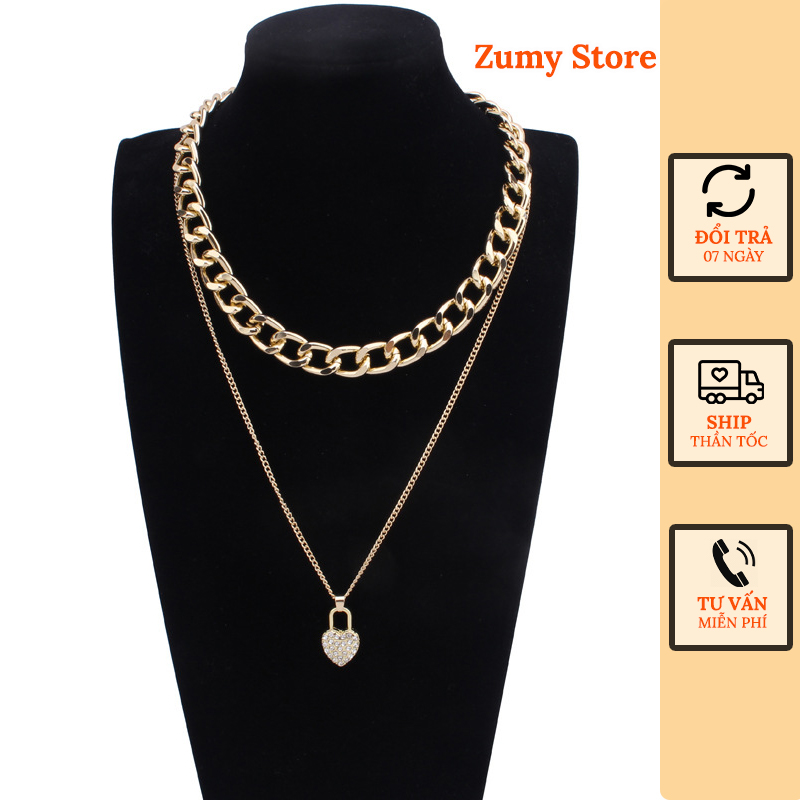 Vòng Cổ Nữ Dây Chuyền Chocker 02 Tầng Layer mắt xích to và dây chuyền nhỏ mặt trái tim đẹp ngầu