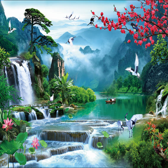 Tranh trang trí, Tranh Decan Dán tường 3D , Phong Cảnh Sơn Thủy Hữu Tình ,Có Keo Sẵn Lột Ra Là Dán