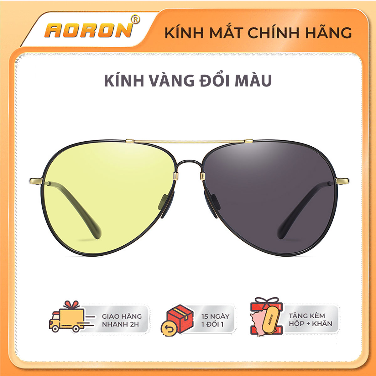 Kính Mát Nam Aoron Tròng Kính Phi Công Vàng Đổi Màu Chuyên Dùng Đi Ngày Đêm Giúp Tầm Nhìn Rõ Nét, Tránh Bụi, Tránh Gió, Ôm Trọn Mặt - AK018