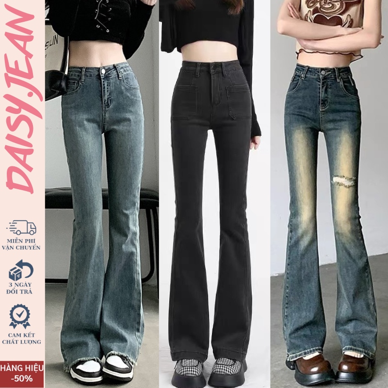 ﹉℡  Quần jeans nữ ống loe co giãn quần Bò jean nữ đen xám ống đứng rộng suông CẠP CAO cao cấp Hottrend 2023 DAISY T023