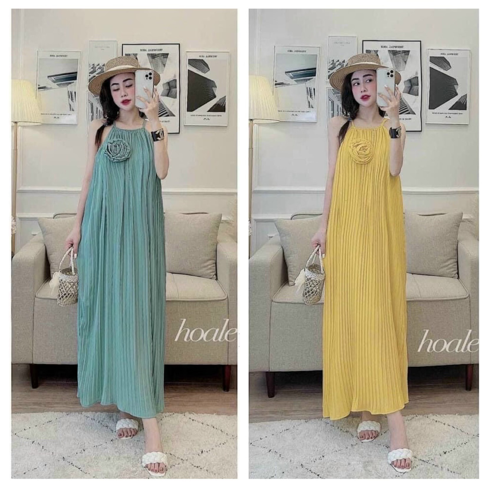 Đầm maxi hai dây dập ly phối hoa nhỏ siêu dễ thương - hình thật treo móc