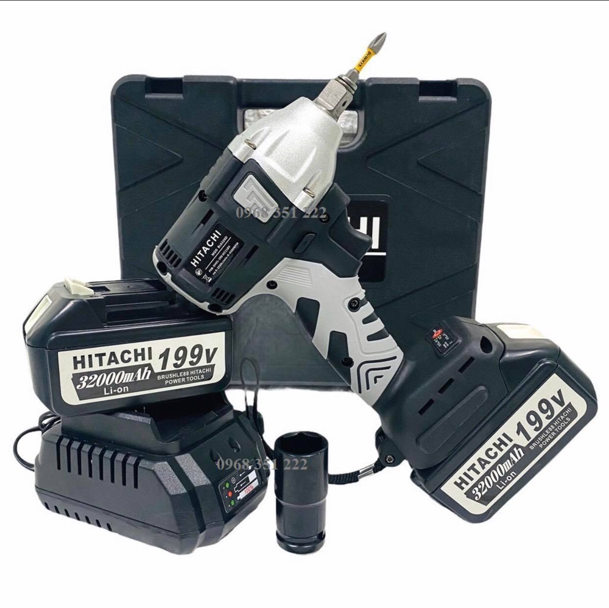 Máy khoan pin/Máy siết bulong HITACHI 199V Lõi Đồng Không Chổi Than - Tặng Đầu Chuyển Vít Đa Năng