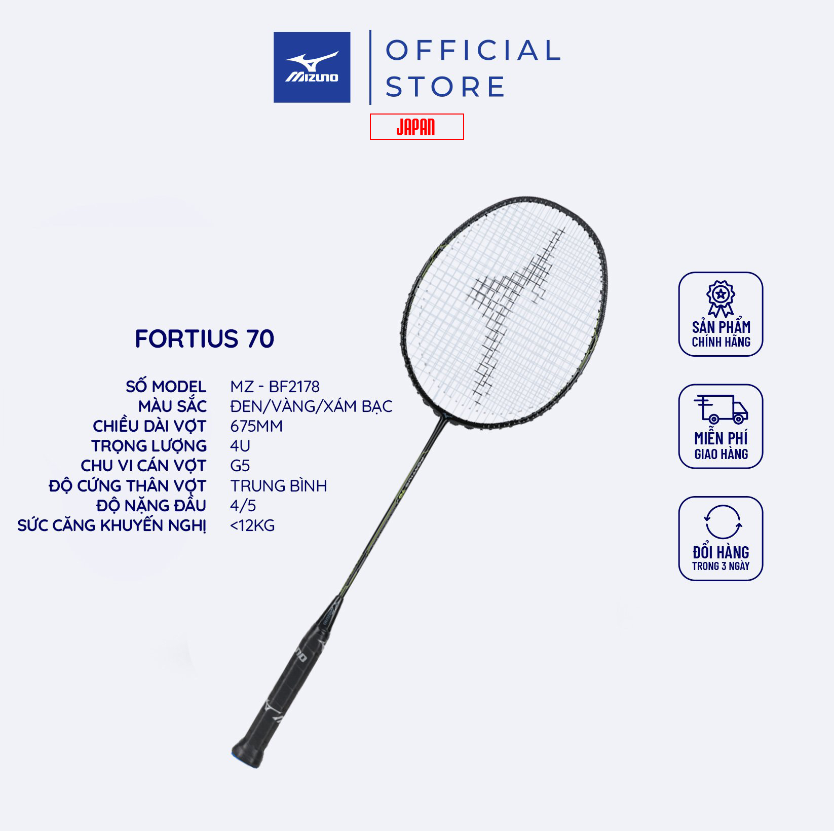 Vợt cầu lông fortius 70 mizuno chính hãng nhật bảo hành siêu bền chất lượng chuyên nghiệp