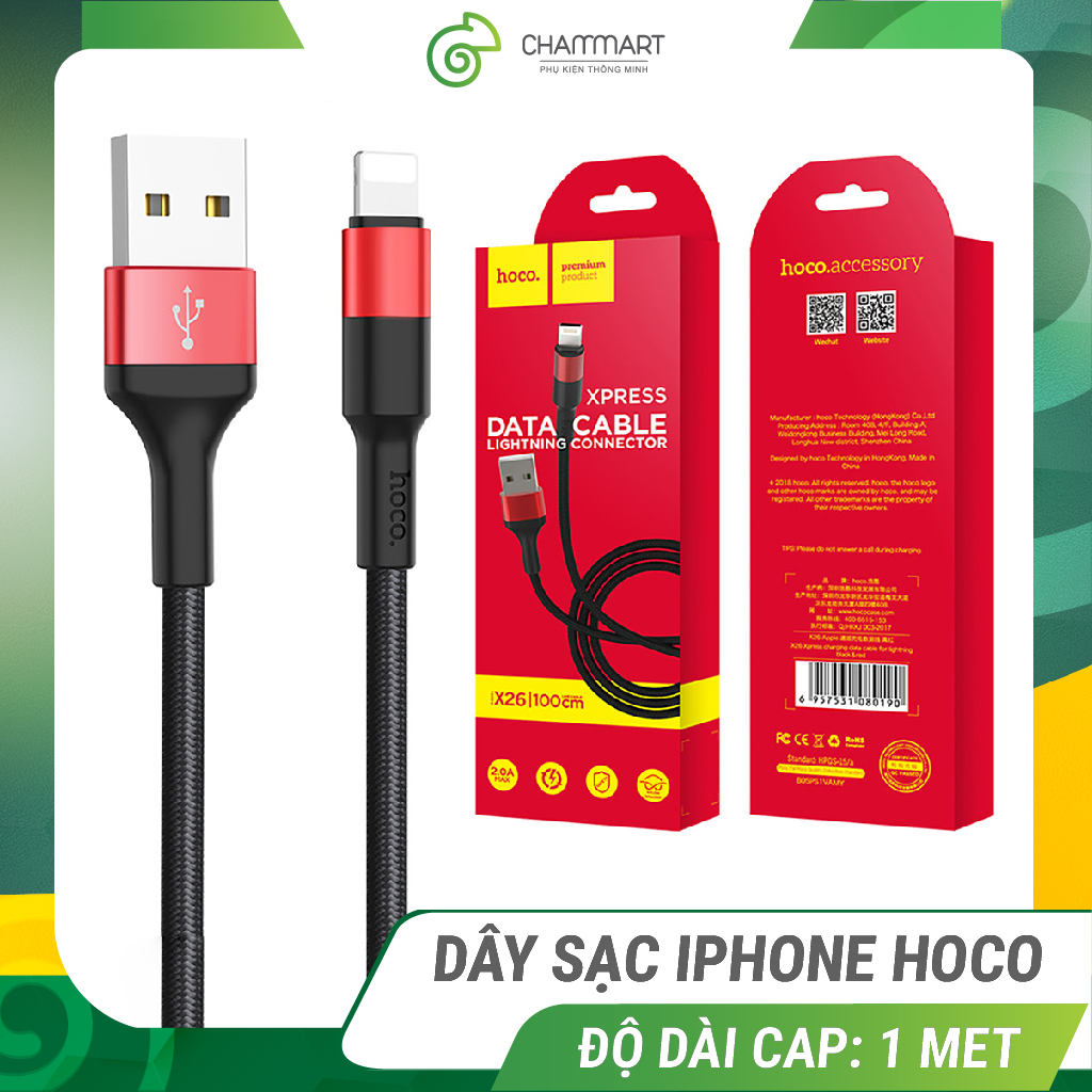 Dây cáp sạc Iphone Hoco X26 bọc dù cao cấp lightning tương thích tất cả các đời máy ip ipad nghe airpod hàng nhập khẩu